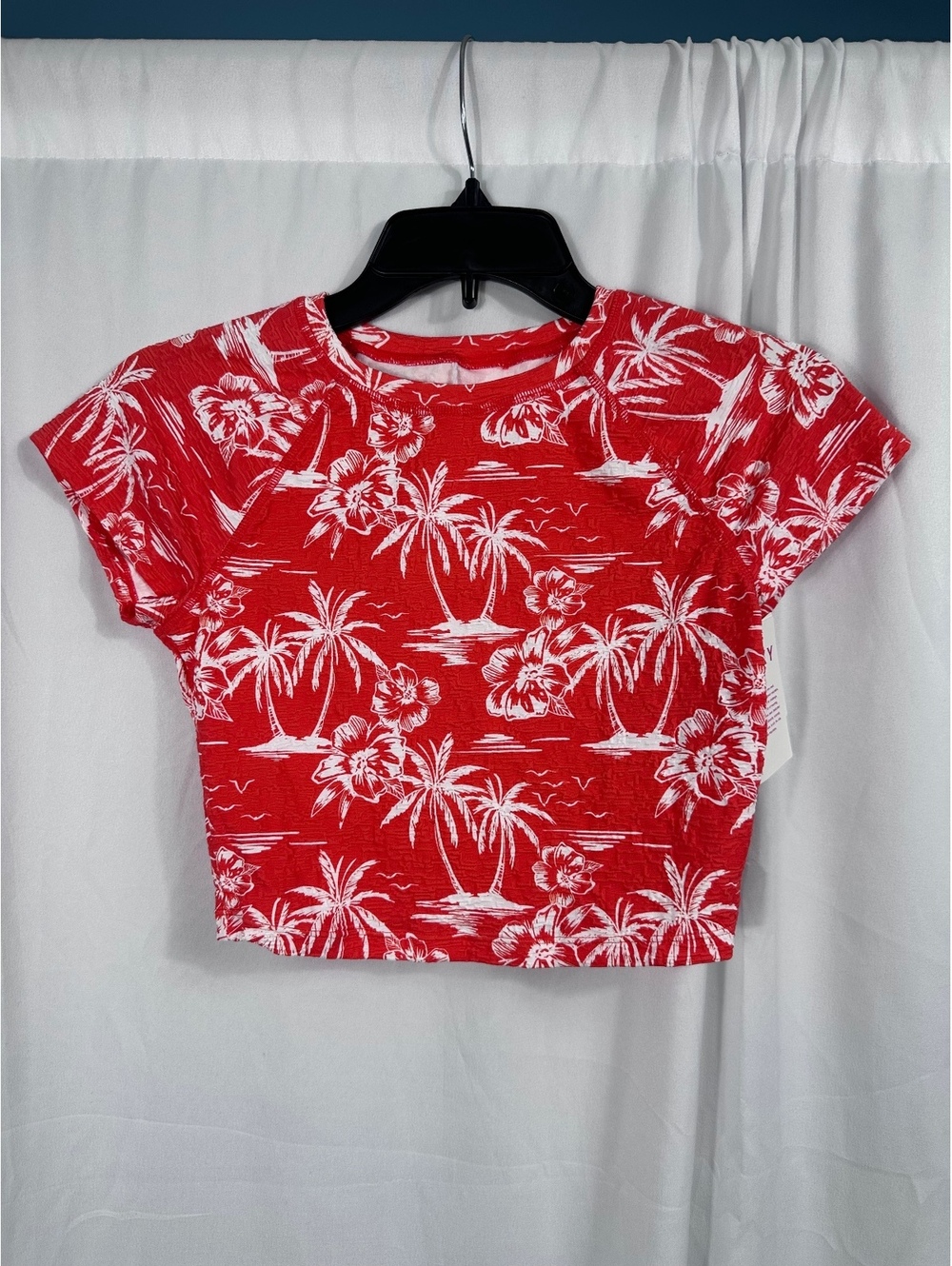 Roxy Crop Short Sleeve Rashguard Swim Top Size Small Red White Palm Tree